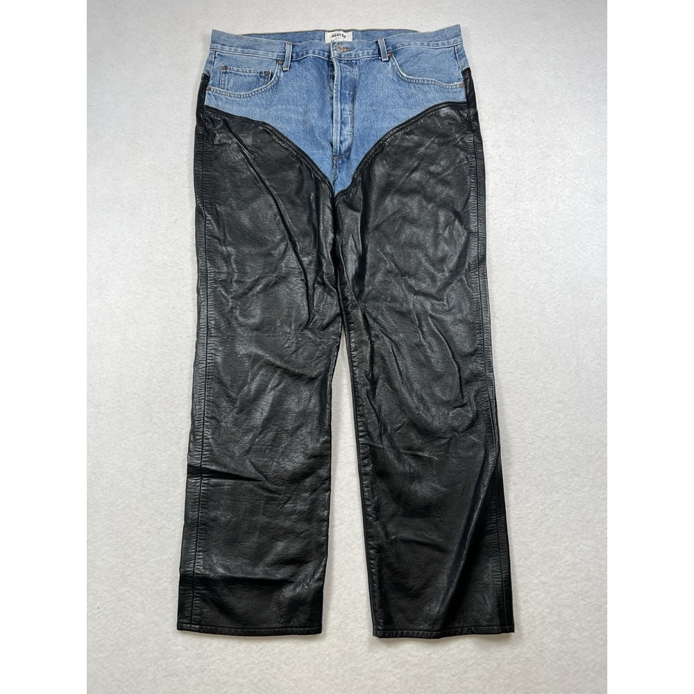 Agolde‎ Harley Denim And Leather Panel High Rise Straight Leg Jeans Blue Size 34